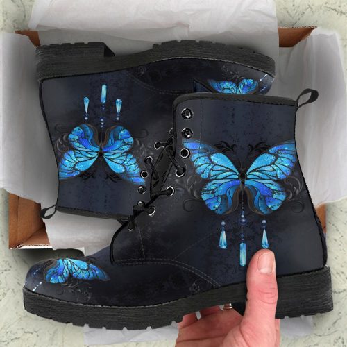 Combat Boots Blue  Butterfly Leather Boots, Mother' Day Gifts For Woman Casual Shoes