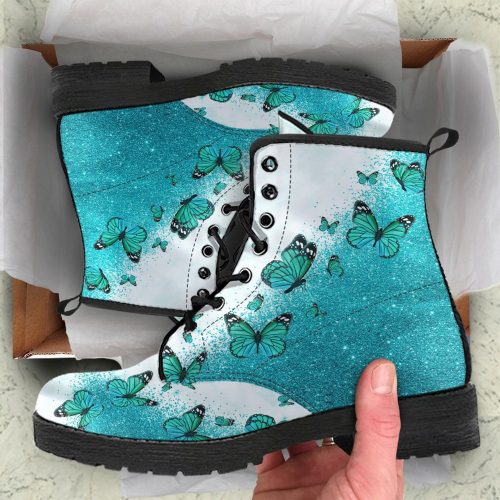 Light Blue Butterfly Glitter Straight Leather Boots Animal Lovers Gifts For Her Combat Shoes