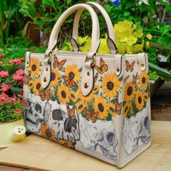 Sunflower Skull Butterfly Leather Bag - Day of the Dead Handbag